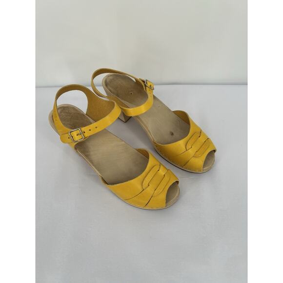 Swedish Hasbeens Yellow Wooden Clog Sandal Peep Toe Size 41 US 11 - Picture 2 of 14